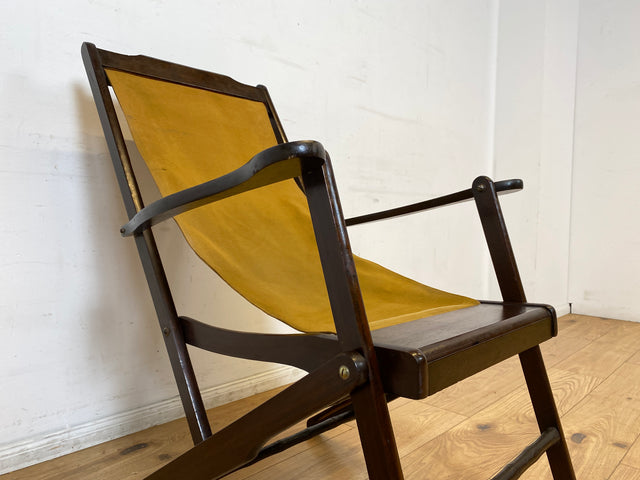 WMK I Eleganter & hochwertiger dunkler Mid-Century Klappsessel mit Stoff in Senf Gelb