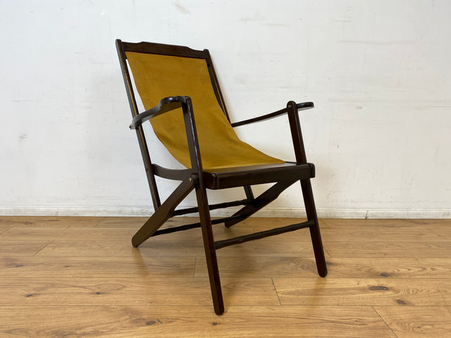 WMK I Eleganter & hochwertiger dunkler Mid-Century Klappsessel mit Stoff in Senf Gelb