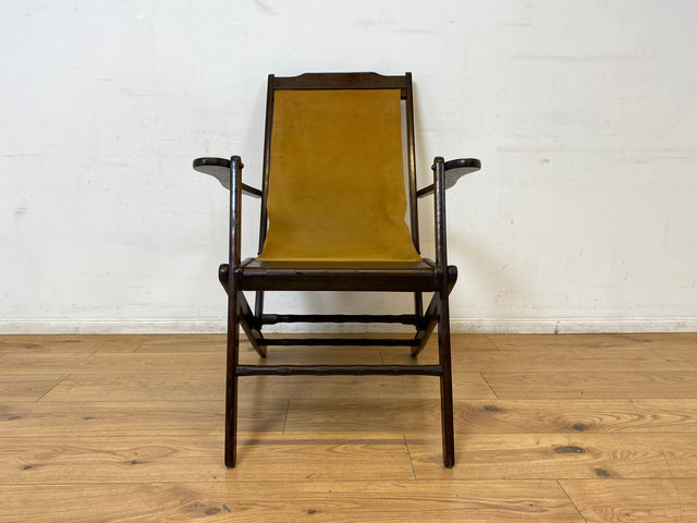 WMK I Eleganter & hochwertiger dunkler Mid-Century Klappsessel mit Stoff in Senf Gelb
