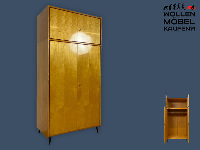 Schöner heller Mid-Century Kleiderschrank in Eiche auf neuen Metallfüßen mit Aufsatz I Schrank Wäscheschrank Schlafzimmerschrank Flurschrank Garderobenschrank Vintage 60er I
