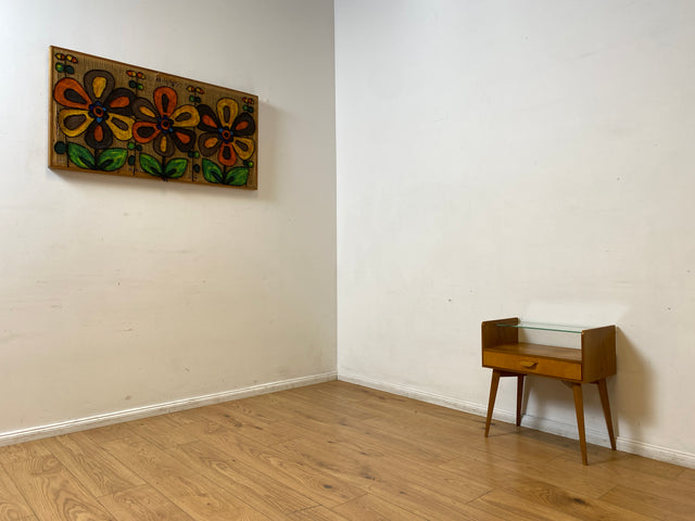 WMK I Formschöner und sehr gut erhaltener Mid-Century Nachttisch mit Schublade & Glas Ablage I Nachtkommode Nachtschrank Nachtschränkchen Kommode Beistelltisch 50er 60er Vintage I Berlin Köln Bremen