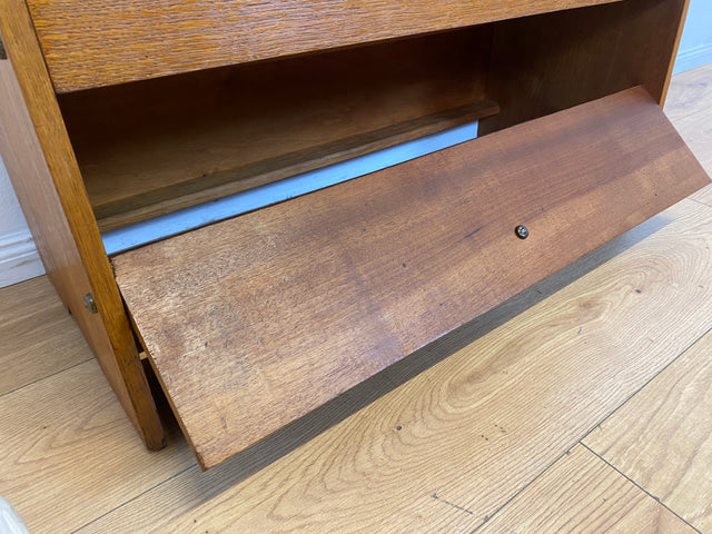 Minimalistische Mid-Century Schuhkommode aus vollem Holz in Eichen Furnier mit weißen Originalgriffen
