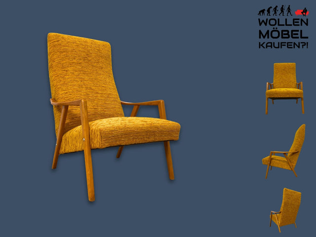 Besonders schöner und gemütlicher Mid-Century Sessel mit tollem senfgelben Stoffbezug
