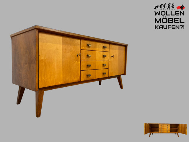 Stilvolles & hochwertiges Mid-Century Sideboard aus vollem Holz mit Schubladen & Messinggriffen I Kommode Lowboard Schrank Anrichte TV-Lowboard Fernsehbank Vintage 50er 60er I