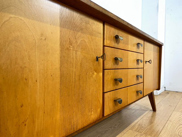 Stilvolles & hochwertiges Mid-Century Sideboard aus vollem Holz mit Schubladen & Messinggriffen I Kommode Lowboard Schrank Anrichte TV-Lowboard Fernsehbank Vintage 50er 60er I