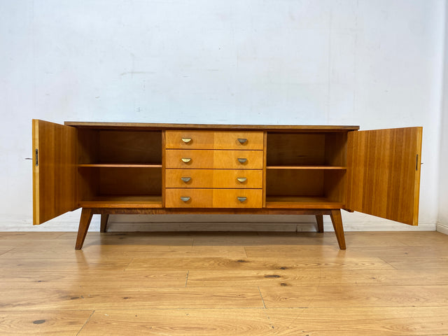 Stilvolles & hochwertiges Mid-Century Sideboard aus vollem Holz mit Schubladen & Messinggriffen I Kommode Lowboard Schrank Anrichte TV-Lowboard Fernsehbank Vintage 50er 60er I