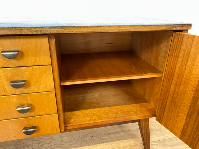 Stilvolles & hochwertiges Mid-Century Sideboard aus vollem Holz mit Schubladen & Messinggriffen I Kommode Lowboard Schrank Anrichte TV-Lowboard Fernsehbank Vintage 50er 60er I