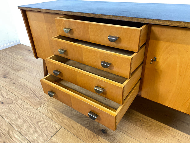 Stilvolles & hochwertiges Mid-Century Sideboard aus vollem Holz mit Schubladen & Messinggriffen I Kommode Lowboard Schrank Anrichte TV-Lowboard Fernsehbank Vintage 50er 60er I