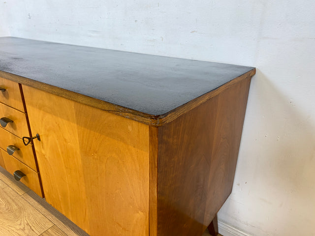 Stilvolles & hochwertiges Mid-Century Sideboard aus vollem Holz mit Schubladen & Messinggriffen I Kommode Lowboard Schrank Anrichte TV-Lowboard Fernsehbank Vintage 50er 60er I