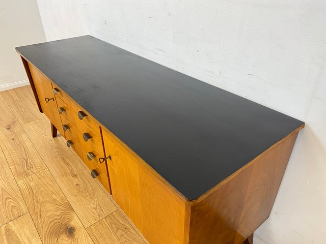 Stilvolles & hochwertiges Mid-Century Sideboard aus vollem Holz mit Schubladen & Messinggriffen I Kommode Lowboard Schrank Anrichte TV-Lowboard Fernsehbank Vintage 50er 60er I