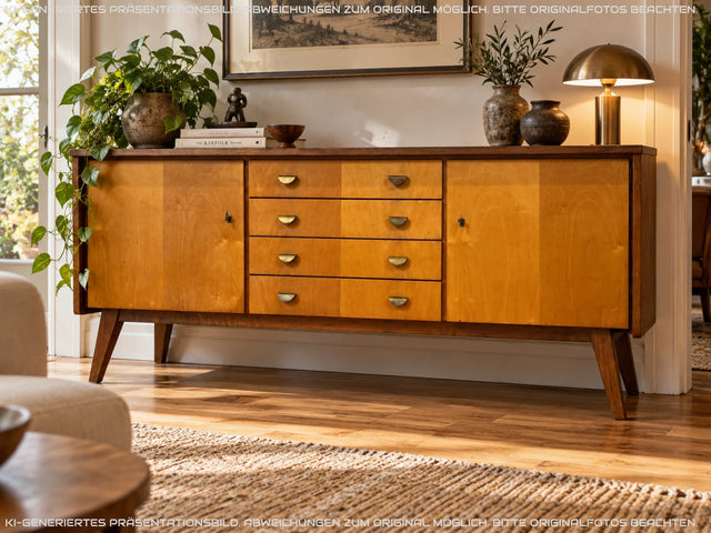 Stilvolles & hochwertiges Mid-Century Sideboard aus vollem Holz mit Schubladen & Messinggriffen I Kommode Lowboard Schrank Anrichte TV-Lowboard Fernsehbank Vintage 50er 60er I