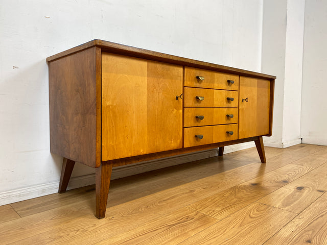 Stilvolles & hochwertiges Mid-Century Sideboard aus vollem Holz mit Schubladen & Messinggriffen I Kommode Lowboard Schrank Anrichte TV-Lowboard Fernsehbank Vintage 50er 60er I