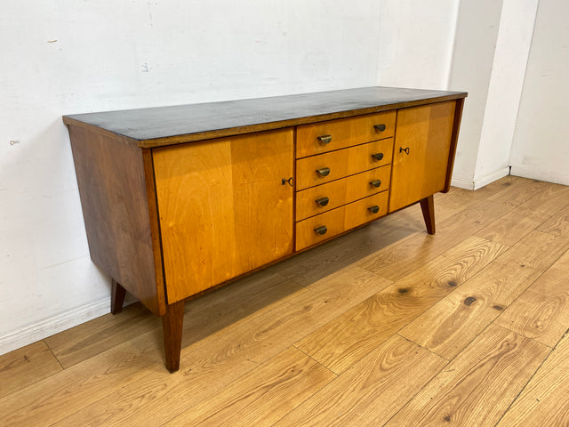 Stilvolles & hochwertiges Mid-Century Sideboard aus vollem Holz mit Schubladen & Messinggriffen I Kommode Lowboard Schrank Anrichte TV-Lowboard Fernsehbank Vintage 50er 60er I