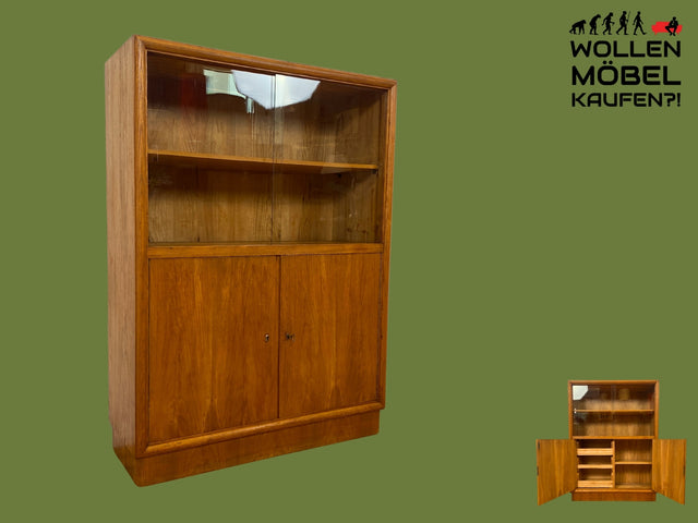 Stilvolle Mid-Century Vitrine aus vollem Holz in Eiche mit Schubladen I Glasvitrine Bücherschrank Büchervitrine Highboard Schrank Geschirrschrank Vintage 50er 60er I