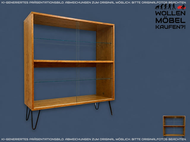 Stilvolle Mid-Century Vitrine in Eiche auf neuen Hairpin Füßen mit beidseitiger Verglasung & Glasböden I Raumtrenner Glasvitrine Display Geschirrschrank Highboard Vintage I