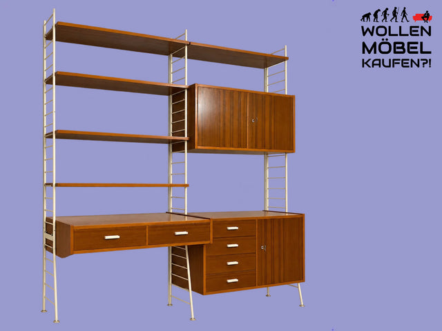 Kultiges modulares DDR Stringregal mit Schreibtisch & Schubladenkommode I String Regal Regalwand Bücherschrank Sekretär Highboard Bücherregal Leitermöbel Sybille Babette Vintage Retro 70er I