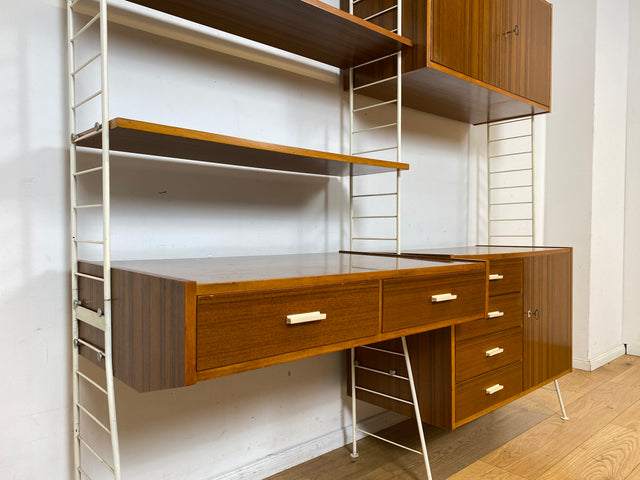 Kultiges modulares DDR Stringregal mit Schreibtisch & Schubladenkommode I String Regal Regalwand Bücherschrank Sekretär Highboard Bücherregal Leitermöbel Sybille Babette Vintage Retro 70er I