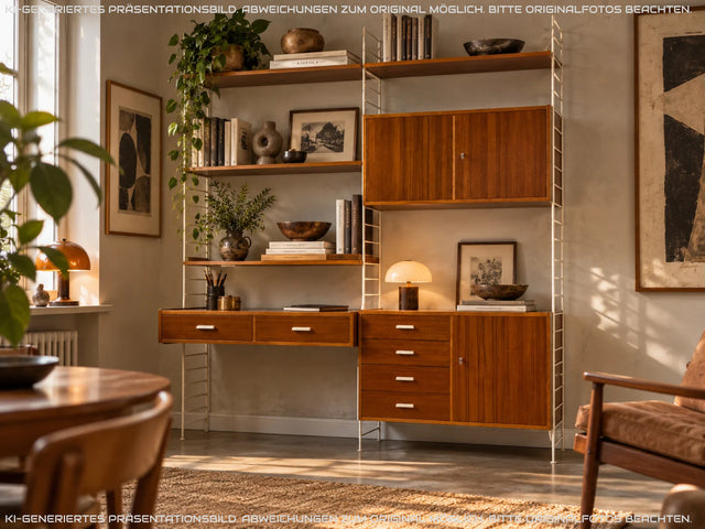 Kultiges modulares DDR Stringregal mit Schreibtisch & Schubladenkommode I String Regal Regalwand Bücherschrank Sekretär Highboard Bücherregal Leitermöbel Sybille Babette Vintage Retro 70er I