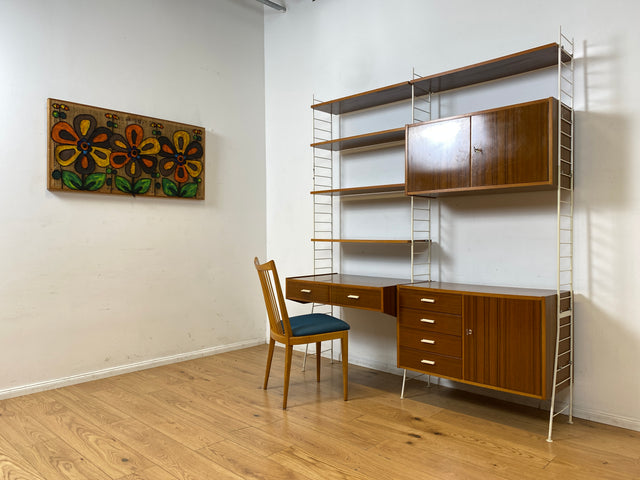 Kultiges modulares DDR Stringregal mit Schreibtisch & Schubladenkommode I String Regal Regalwand Bücherschrank Sekretär Highboard Bücherregal Leitermöbel Sybille Babette Vintage Retro 70er I