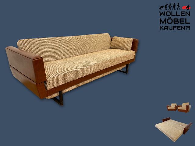 Besonderes 2-fach ausklappbares Retro Sofa mit beigem Wollbezug und Kunstleder Verkleidung I Couch Schlafcouch Schlafsofa Klappsofa Sitzgarnitur Mid-Century 60er 70er I