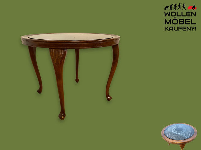 Eleganter und handverzierter runder Chippendale Couchtisch mit Wiener Sonnengeflecht I Wohnzimmertisch Glastisch Beistelltisch Geflecht Coffee Table Barock Vintage