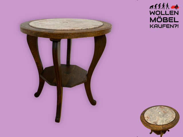Sehr schöner runder handverzierter antiker Beistelltischtisch mit Marmor Platte und Ablage I Tisch Beistelltisch Rauchertisch Couchtisch Marmortisch Jugendstil Barock Vintage I