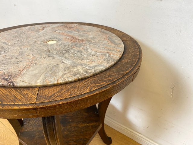 Sehr schöner runder handverzierter antiker Beistelltischtisch mit Marmor Platte und Ablage I Tisch Beistelltisch Rauchertisch Couchtisch Marmortisch Jugendstil Barock Vintage I