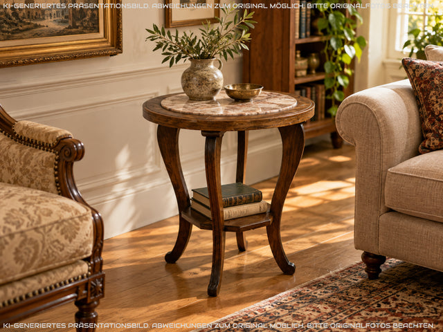 Sehr schöner runder handverzierter antiker Beistelltischtisch mit Marmor Platte und Ablage I Tisch Beistelltisch Rauchertisch Couchtisch Marmortisch Jugendstil Barock Vintage I
