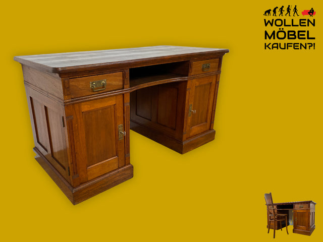 Sehr schöner antiker Schreibtisch aus vollem Holz in Eiche mit Schubladen und Messinggriffen, um 1910 I Arbeitstisch Bürotisch Sekretär Desk Vintage Gründerzeit I