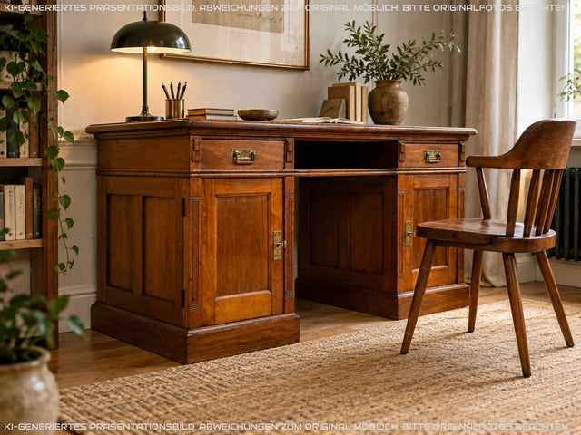 Sehr schöner antiker Schreibtisch aus vollem Holz in Eiche mit Schubladen und Messinggriffen, um 1910 I Arbeitstisch Bürotisch Sekretär Desk Vintage Gründerzeit I