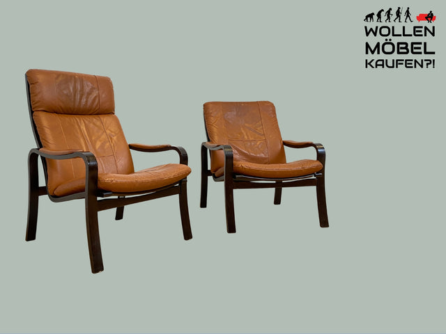 Stilvoller und gemütlicher skandinavischer Mid-Century Sessel mit Bugholzrahmen und braunem Echtleder Bezug I Ledersessel Loungesessel Lesesessel Freischwinger Leder Vintage I