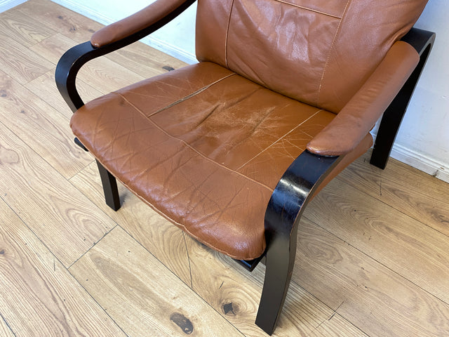Stilvoller und gemütlicher skandinavischer Mid-Century Sessel mit Bugholzrahmen und braunem Echtleder Bezug I Ledersessel Loungesessel Lesesessel Freischwinger Leder Vintage I