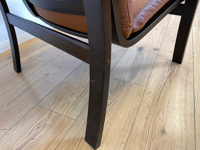 Stilvoller und gemütlicher skandinavischer Mid-Century Sessel mit Bugholzrahmen und braunem Echtleder Bezug I Ledersessel Loungesessel Lesesessel Freischwinger Leder Vintage I