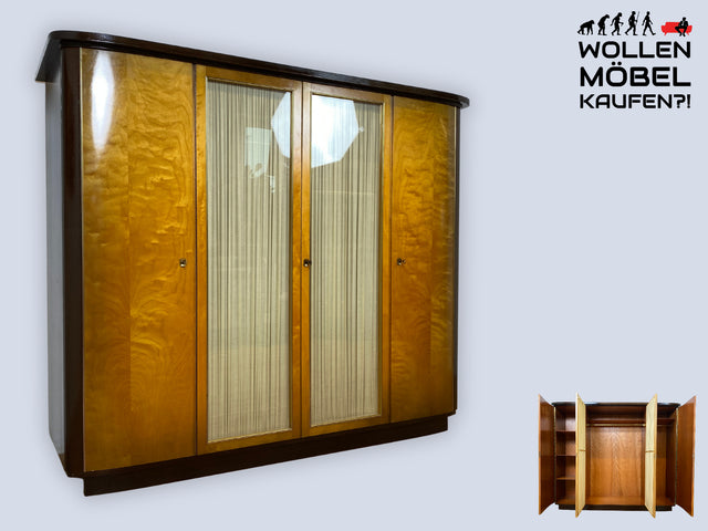 Stilvoller & hochwertiger Mid-Century Kleiderschrank mit Glastüren und Vorhängen I Vollholz I Schrank Schlafzimmerschrank Wäscheschrank Wardrobe Rockabilly Vintage 50er 60er
