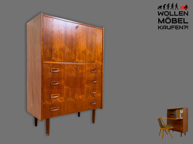 WMK I Eleganter skandinavischer Mid-Century Barschrank in Teakholz mit verspiegeltem Bar Fach I Barkommode Highboard Schrank Sekretär Kommode Schminkschrank Danish Design Vintage I