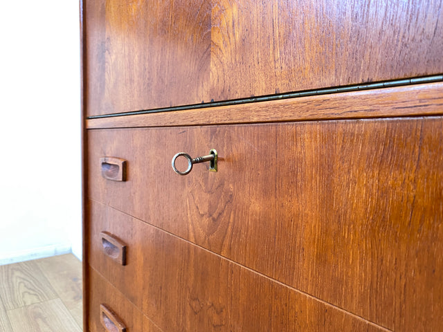 WMK I Eleganter skandinavischer Mid-Century Barschrank in Teakholz mit verspiegeltem Bar Fach I Barkommode Highboard Schrank Sekretär Kommode Schminkschrank Danish Design Vintage I