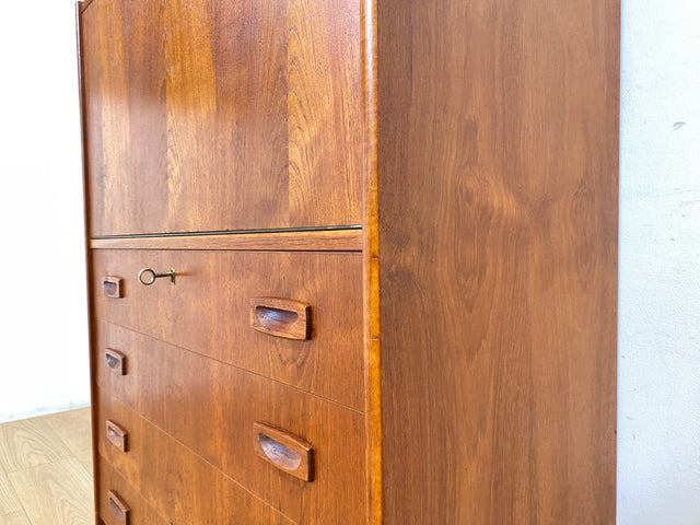 WMK I Eleganter skandinavischer Mid-Century Barschrank in Teakholz mit verspiegeltem Bar Fach I Barkommode Highboard Schrank Sekretär Kommode Schminkschrank Danish Design Vintage I