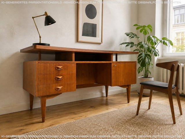 Formschöner freistellender skandinavischer Mid-Century Schreibtisch in Teakholz mit Regal an der Rückseite I Desk Arbeitstisch Bürotisch Cheftisch Danish Design Vintage Teak