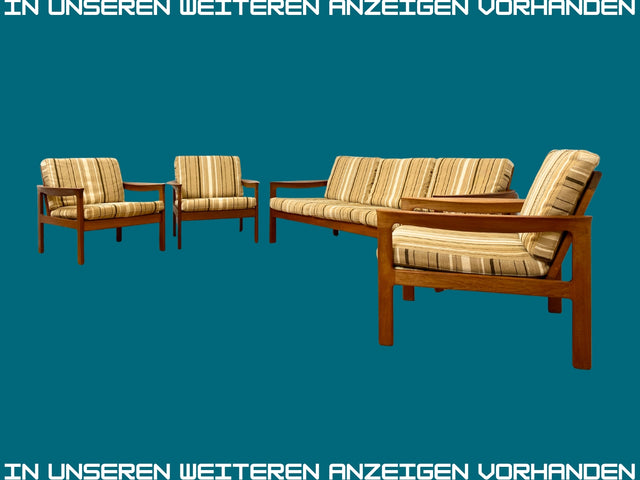 WMK I 1/3 Stilvoller skandinavischer Mid-Century Sessel von Komfort mit gestreiftem beigem Originalbezug & Teakholz Rahmen
