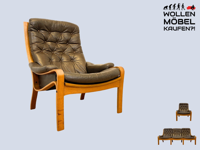 Stilvoller skandinavischer Sessel mit gestepptem braunem Echtleder Bezug I Norwegen 1970er I Ledersessel Loungesessel Relax Lesesessel Sitzgarnitur Mid-Century Vintage Leder I