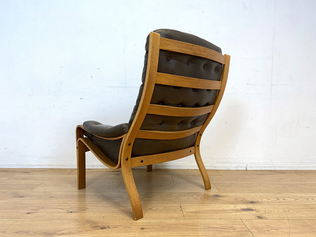 Stilvoller skandinavischer Sessel mit gestepptem braunem Echtleder Bezug I Norwegen 1970er I Ledersessel Loungesessel Relax Lesesessel Sitzgarnitur Mid-Century Vintage Leder I