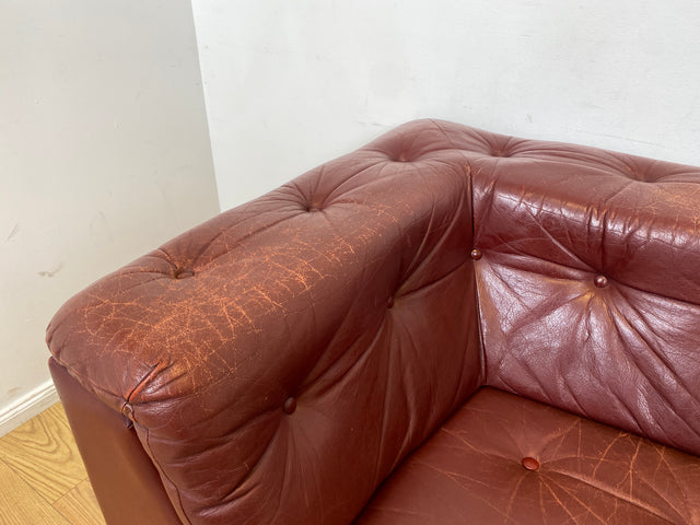 WMK I Gemütliches skandinavisches 70er Jahre Modular Sofa mit Echtleder Bezug & charaktervoller Patina