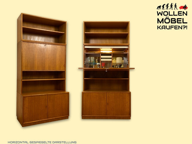 Hochwertiges und gut erhaltenes skandinavisches Highboard in Teakholz mit beleuchtetem Bar Fach & Regal I Barschank Minibar Schrank Bücherschrank Bücherregal Teak Vintage I