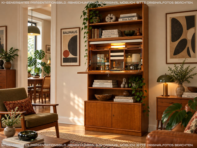 Hochwertiges und gut erhaltenes skandinavisches Highboard in Teakholz mit beleuchtetem Bar Fach & Regal I Barschank Minibar Schrank Bücherschrank Bücherregal Teak Vintage I