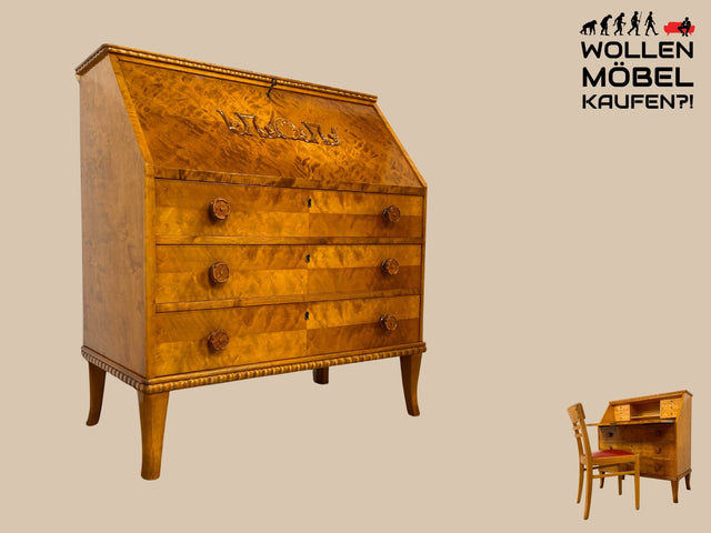 Sehr schöner handverzierter skandinavisches Mid-Century Sekretär aus vollem Holz I Schreibschrank Schreibkommode Schreibtisch Kommode Schubladenkommode Wäschekommode 60er I