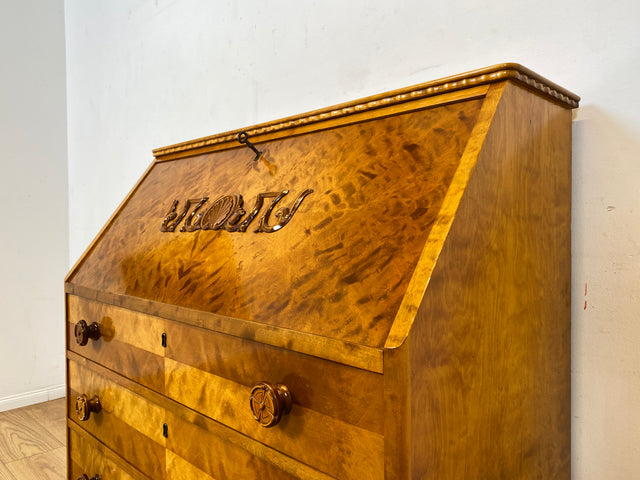 Sehr schöner handverzierter skandinavisches Mid-Century Sekretär aus vollem Holz I Schreibschrank Schreibkommode Schreibtisch Kommode Schubladenkommode Wäschekommode 60er I