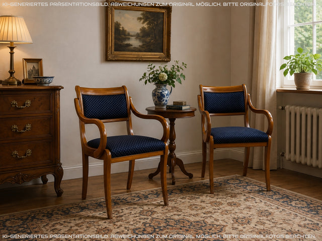 Sehr eleganter Spätbiedermeier Salonstuhl aus Buche mit hochwertigem neuem Bezug in Blau I Armlehnstuhl Stuhl Holzstuhl Sessel Lesesessel Chair Biedermeier Antik Vintage I