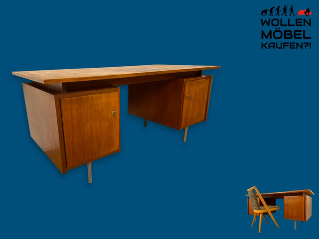 Stilvoller freistehender Mid-Century Schreibtisch in Nussbaum mit elegantem Floating Top und Metallfüßen I Arbeitstisch Bürotisch Writing Desk 50er 60er Retro Vintage