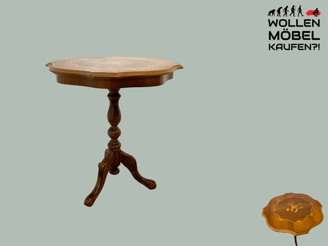 Hübscher Vintage Beistelltisch mit gedrechseltem Fuß und floralen Intarsien