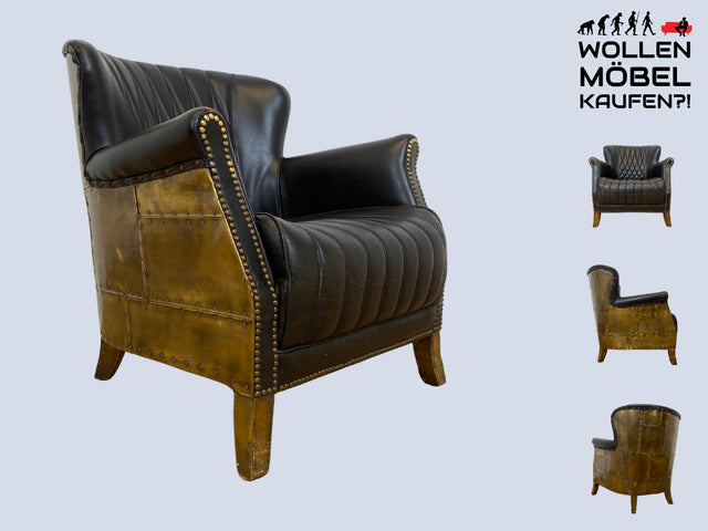 Hochwertiger Vintage Clubsessel im Aviator Stil mit gestepptem Echtleder Bezug und Messing Beschlag I Sessel Ohrensessel Ledersessel Armchair Leder Chesterfiel Designer I